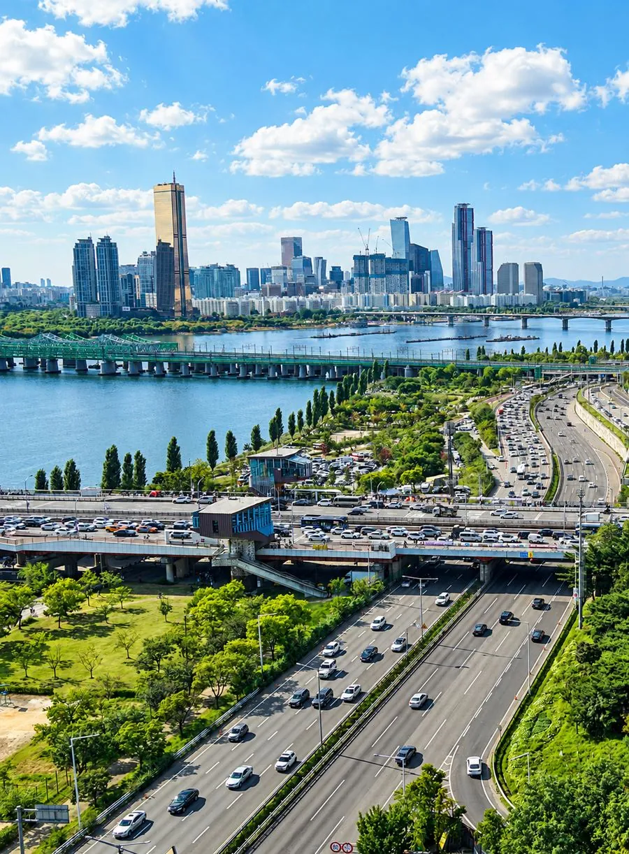 Han River and the Yeouido skyline in Seoul on a clear day